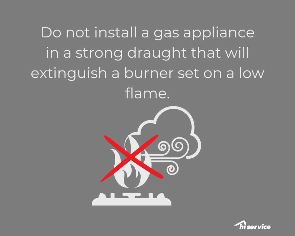 Do not install a gas appliance in a strong draught that will extinguish a burner set on a low flame
